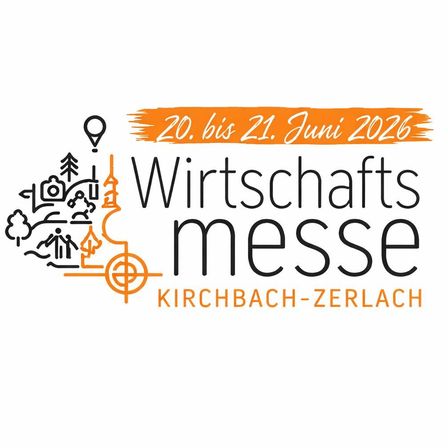 Logo für die Wirtschaftsmesse Kirchbach-Zerlach vom 20. bis 21. Juni 2026 mit Illustrationen von Menschen, Bäumen und einem Kartenstift.
