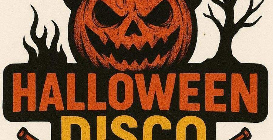 Ein Halloween-Disco-Event mit einem Kürbis, der einen Feuerwehrhelm trägt, umgeben von Fledermäusen und Feuer, mit dem Text Halloween Disco.