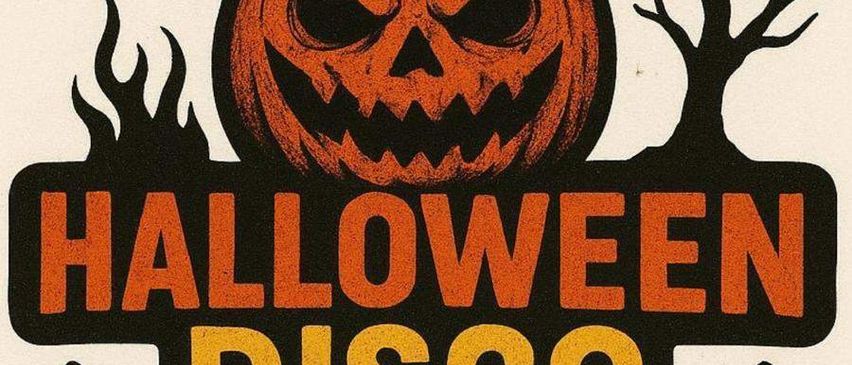 Ein Halloween-Disco-Event mit einem Kürbis, der einen Feuerwehrhelm trägt, umgeben von Fledermäusen und Feuer, mit dem Text Halloween Disco.