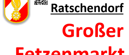 Das Bild zeigt ein Logo für Ratschenkondorf, eine Stadt in Deutschland, mit den Worten 'Freiwillige Feuerwehr' und 'Groser Fetzenmarkt'. Das Logo ist auf einem weißen Hintergrund.