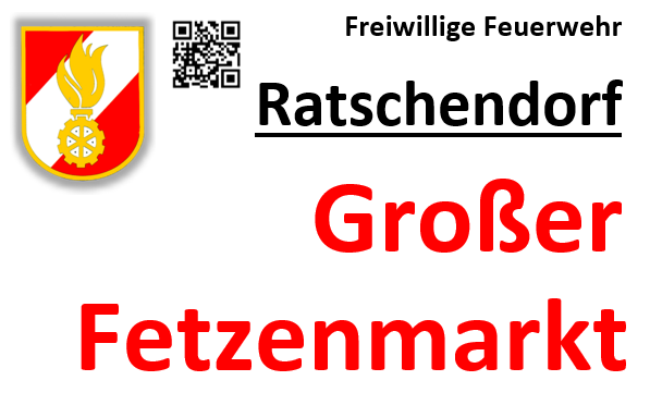 Das Bild zeigt ein Logo für Ratschenkondorf, eine Stadt in Deutschland, mit den Worten 'Freiwillige Feuerwehr' und 'Groser Fetzenmarkt'. Das Logo ist auf einem weißen Hintergrund.