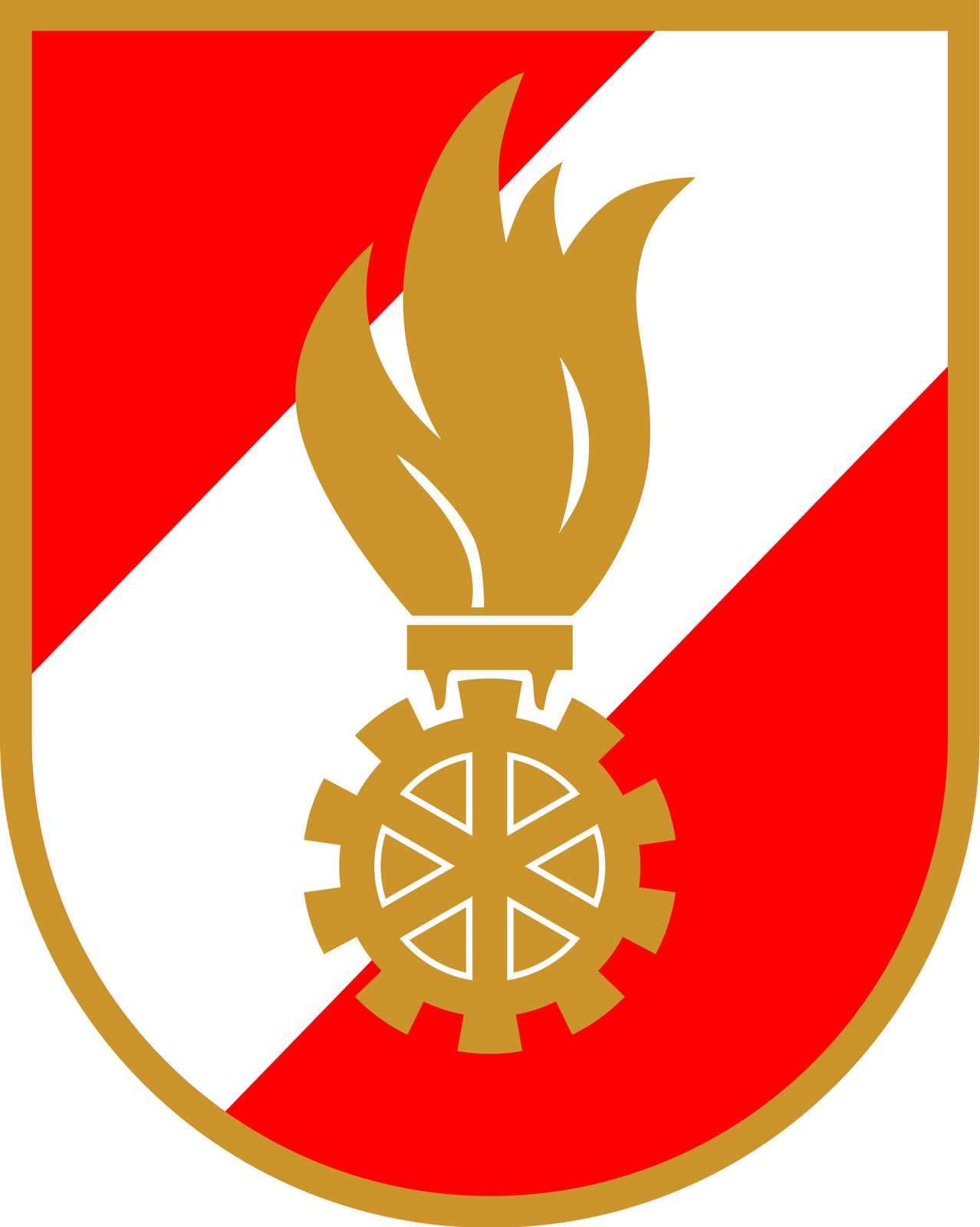 Ein goldenes Emblem auf einem roten und weißen Schild mit Zahnrad und Flamme, das Industrie und Aufklärung symbolisiert.