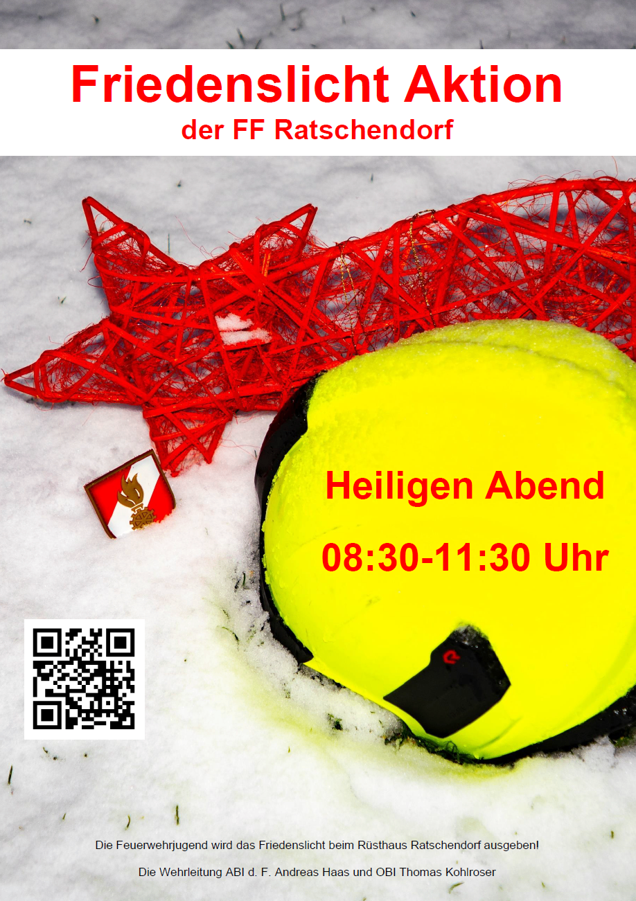 Ein gelber Helm auf schneebedecktem Boden. Ein roter Weihnachtsstern ist in der Nähe. Der Textüberlagerung lautet 'Heiliger Abend 08:30-11:30 Uhr'. Ein QR-Code ist links.