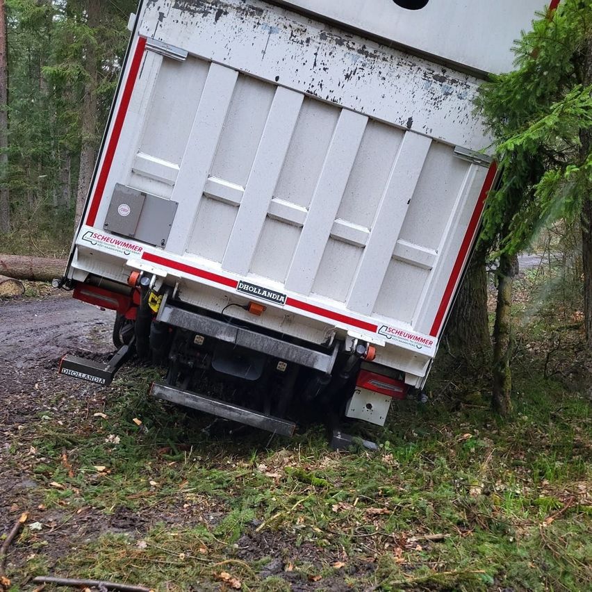Ein weißer und roter Lastwagen liegt auf der Seite umgestürzt und lehnt sich gegen einen Baum auf einem unbefestigten Weg.