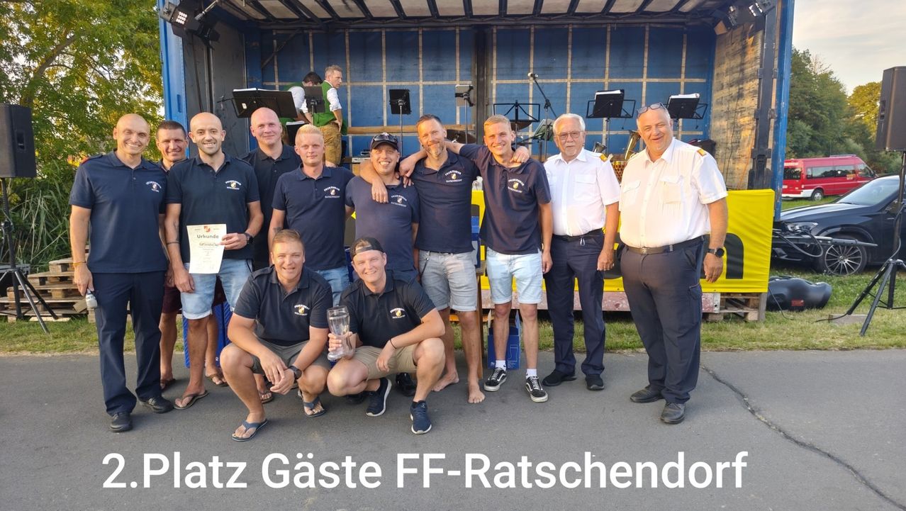 Eine Gruppe von Männern in blauen Poloshirts und Shorts posiert für ein Foto mit einer Trophäe. Sie stehen vor einem blauen Hintergrund mit Musikinstrumenten und einem Schild, das 'Ratz Gaste FF-Ratschendo' besagt.