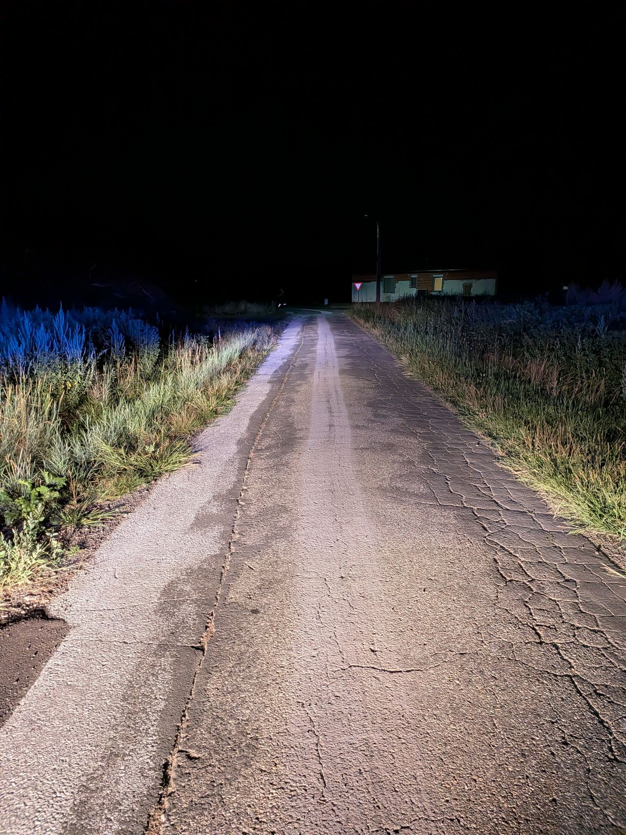 Ein dunkler Nachtblick auf eine rissige Straße, die zu einem kleinen Haus mit einem dreieckigen Schild in der Ferne führt.