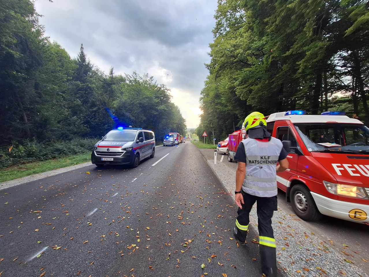 Emergency vehicles are parked on the side of a road, with a person in a reflective vest walking towards the vehicles. Trees line the road, and the sky is cloudy.