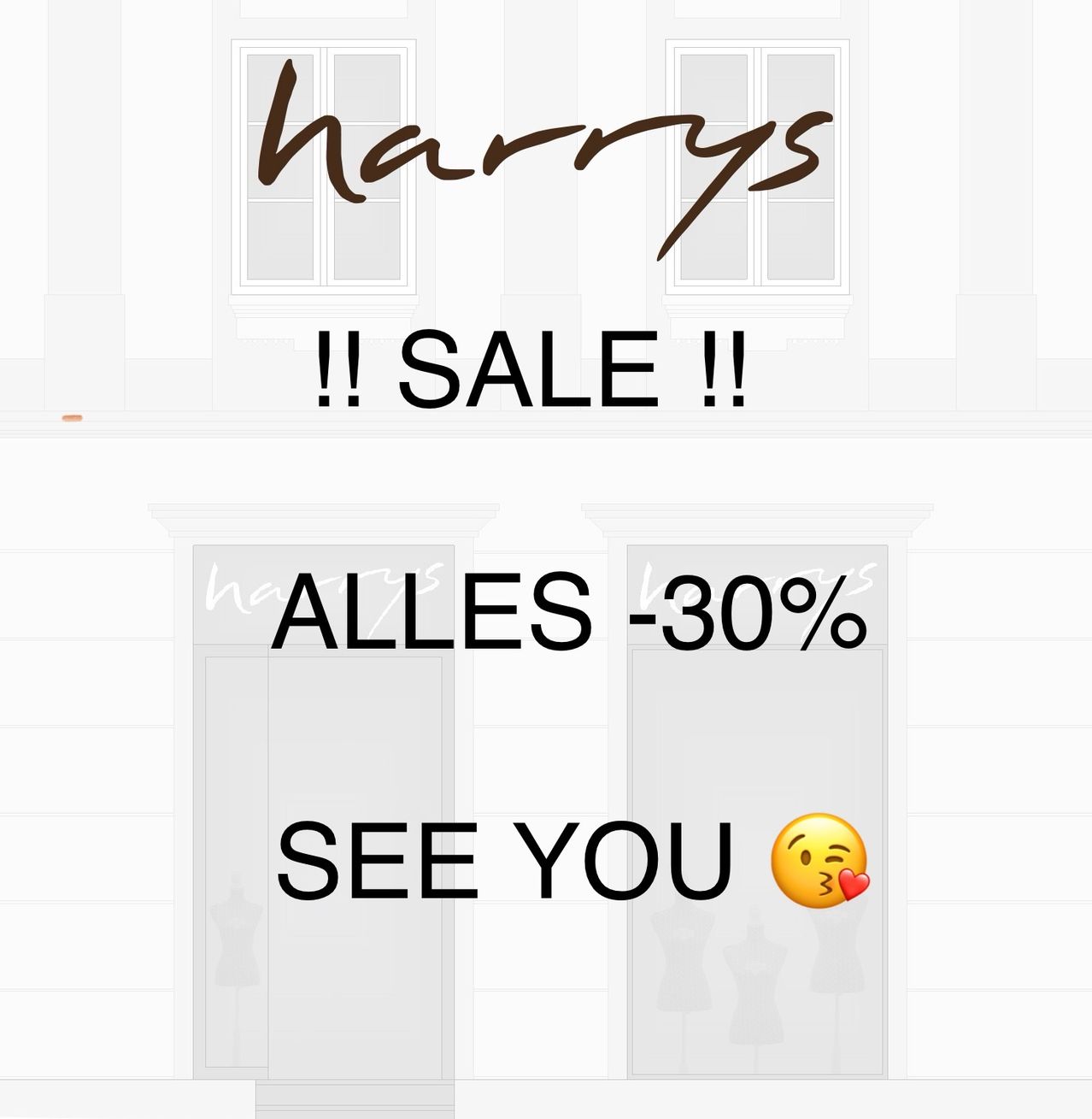 A storefront displays a sale announcement with 'Harrys' in brown font. The sale offers 30% off all items, with a smiling emoji added. The shopfront has glass windows and doors.