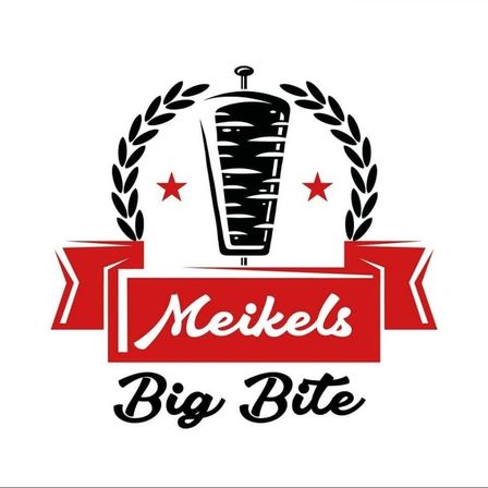 Logo für Meikels Big Bite mit einem stilisierten Fleischbrötchen, flankiert von Lorbeerkränzen und zwei roten Sternen, auf weißem Hintergrund.