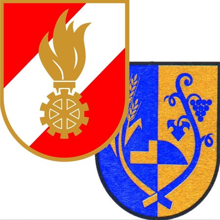 Das Bild zeigt zwei Wappen. Das linke Wappen hat einen roten Hintergrund mit einem weißen Streifen und einer goldenen Flamme. Über der Flamme befindet sich ein Zahnrad. Das rechte Wappen hat einen blauen und gelben Hintergrund, mit einem Kreuz in der Mitte.