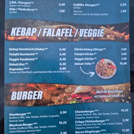 Menü mit Preisen für Kebabs, Falafels und Veggie-Sandwiches. Beinhaltet Preise für gefüllte und leere Wraps, Sandwiches und Kebabs-Boxen. Zusätzliche Artikel umfassen Saucen und Pommes. Ein weiterer Bereich listet Burger mit Preisen und Zutaten auf.