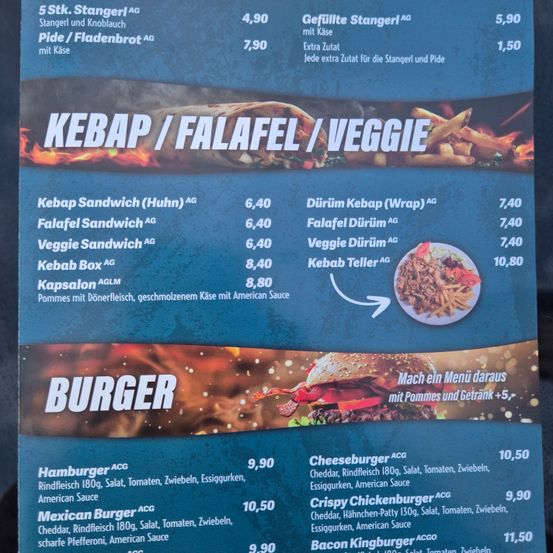Menü mit Preisen für Kebabs, Falafels und Veggie-Sandwiches. Beinhaltet Preise für gefüllte und leere Wraps, Sandwiches und Kebabs-Boxen. Zusätzliche Artikel umfassen Saucen und Pommes. Ein weiterer Bereich listet Burger mit Preisen und Zutaten auf.