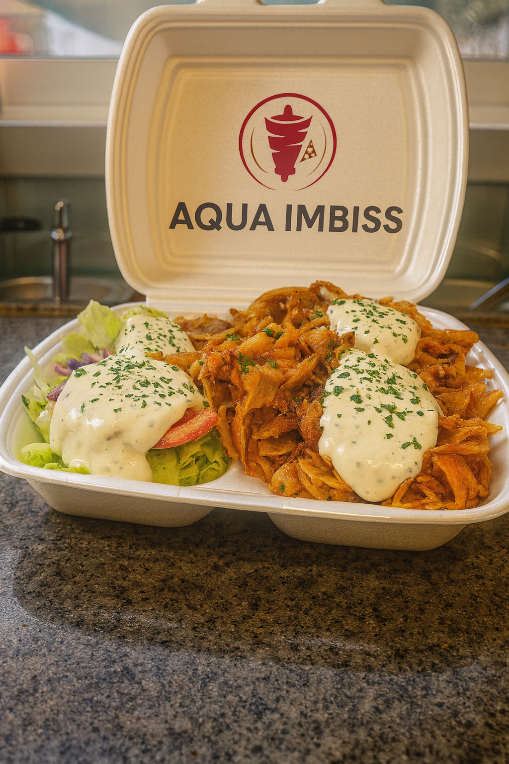 Ein weißer Styroporbehälter mit dem Aqua Imbiss-Logo enthält ein Gericht aus knusprigen frittierten Kartoffeln mit weißer Sauce und Salat.