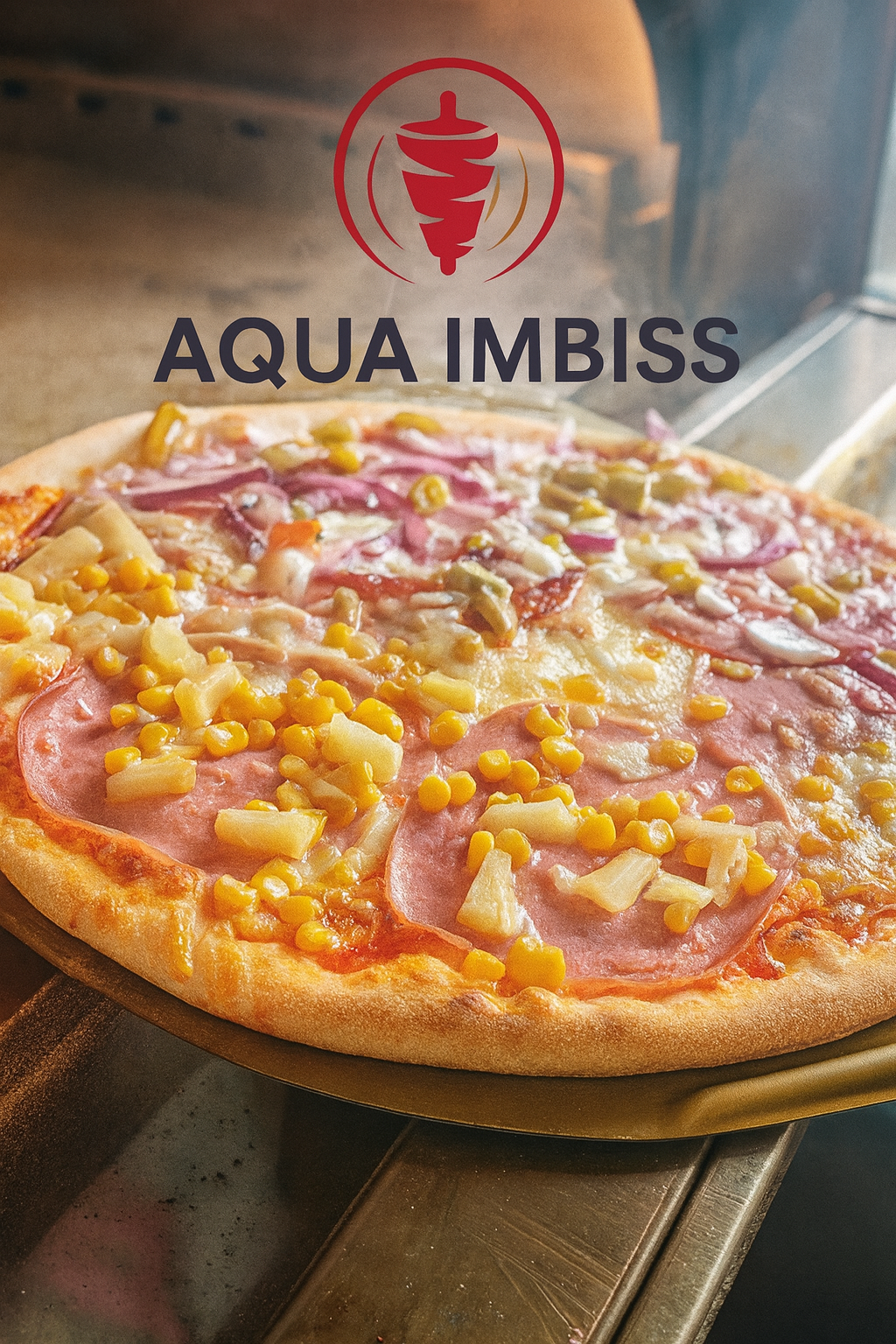 Eine Pizza mit Schinken, Ananas, Mais und Zwiebeln steht auf einem Tablett mit dem Aqua Imbiss Logo darüber.
