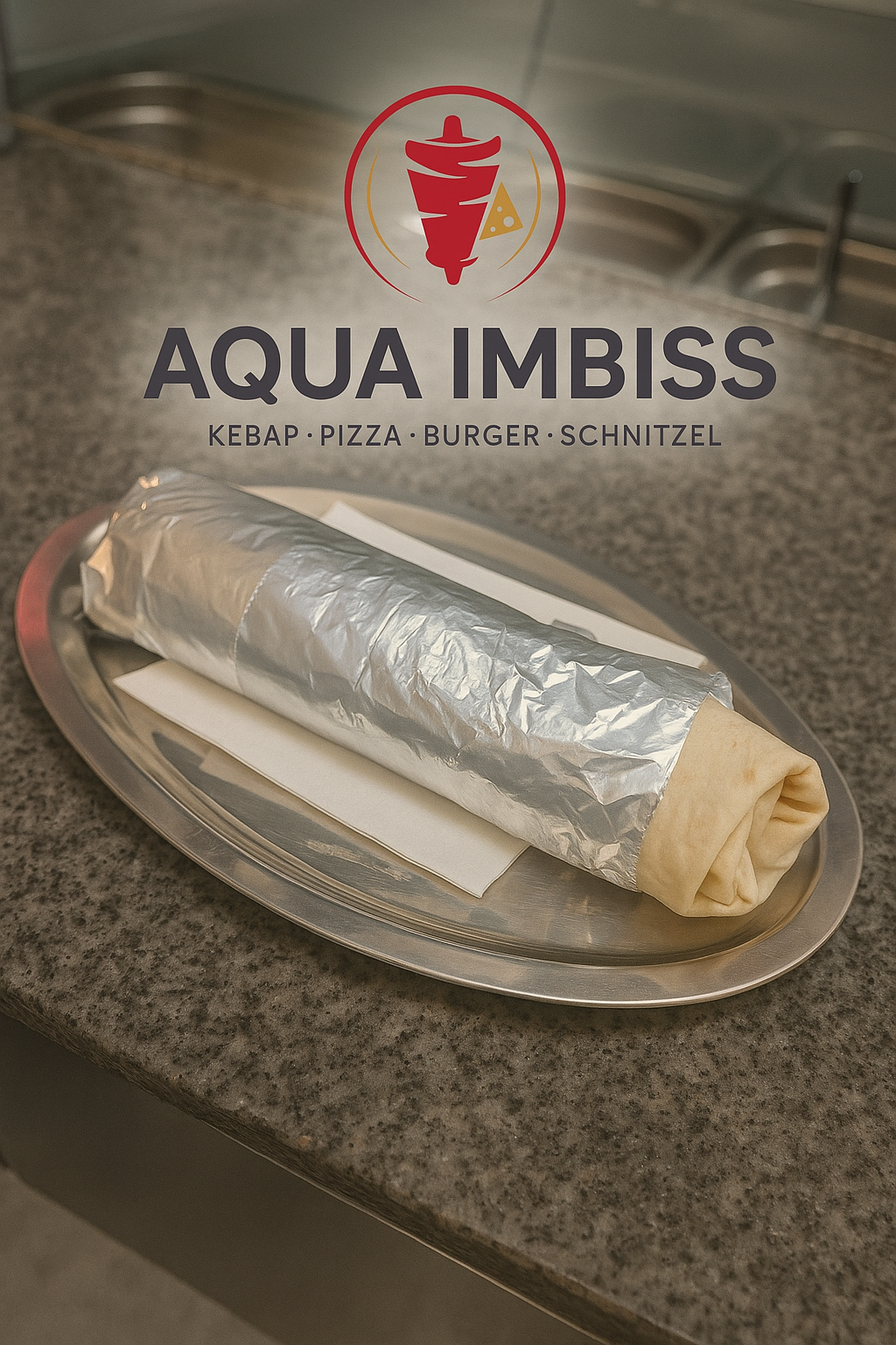 Ein Bild zeigt ein in Alufolie eingewickeltes Essensstück auf einem Teller, möglicherweise ein Döner oder Wrap. Der Teller steht auf einer Theke, und der Hintergrund enthält ein Logo und Text für Aqua Imbiss, die Kebab, Pizza, Burger und Schnitzel bewerben.