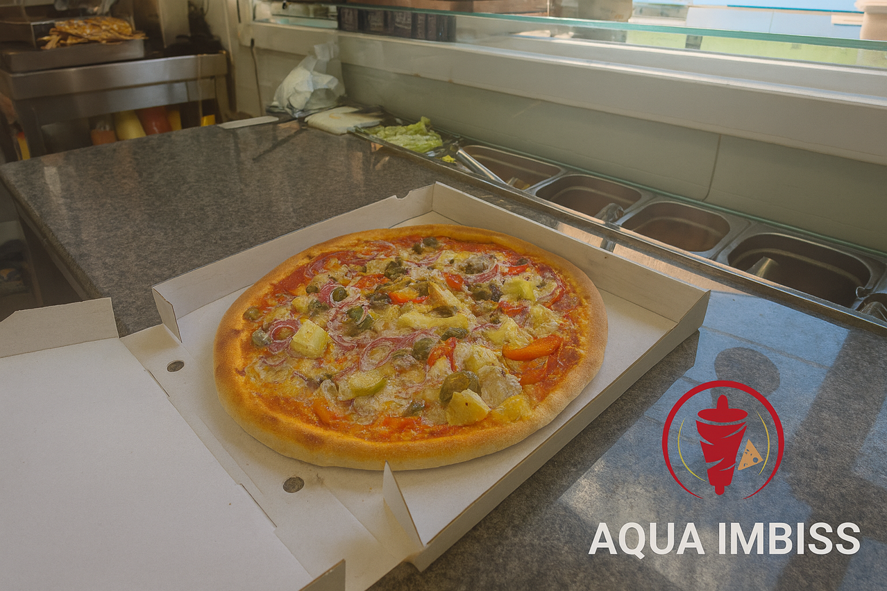 Eine Pizza mit Toppings wie Ananas, Oliven und Paprika in einer Box auf einem Tresen mit einem Waschbecken dahinter. Das Bild enthält den Markennamen Aqua In.