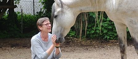 Eine ältere Frau mit Brille und einem grauen Pullover sitzt auf dem Boden und berührt die Nase eines weißen Pferdes. Das Pferd steht in der Nähe mit grünem Laub im Hintergrund.