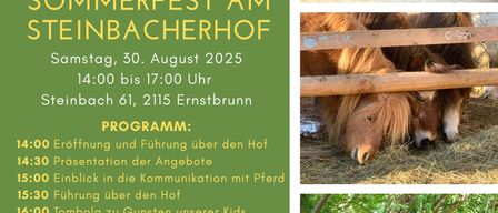 Plakat für Sommerfest am Steinbacherhof am 30. August 2025, mit Pferdebildern, einer Gruppenaufnahme und Veranstaltungsdetails. Zeit: 14:00-17:00. Programm umfasst Eröffnung, Präsentationen, Pferdeinteraktionen und eine Tombola. Kontakt per WhatsApp oder E-Mail. Keine Hunde erlaubt.