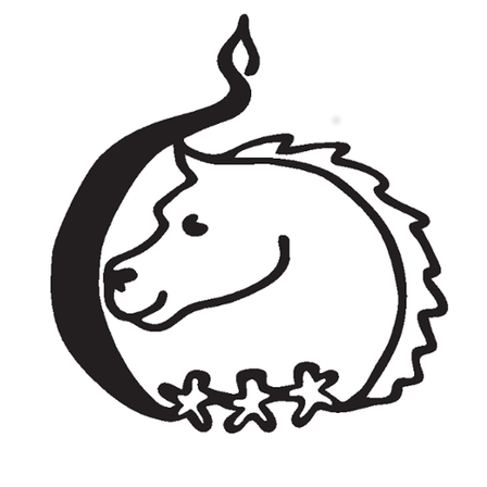 Ein stilisierter Pferdekopf mit einer Flamme auf dem Rücken in einem Kreis, darunter drei Sterne.