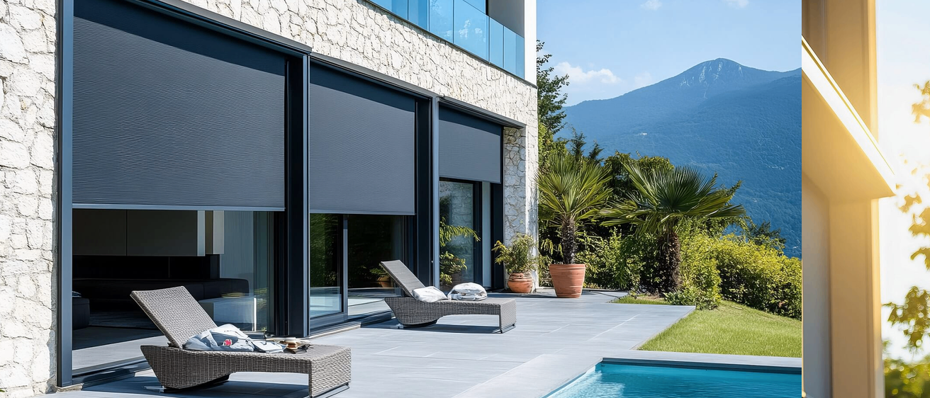 Ein Außenbereich mit einem Lounge-Sessel und einem Tisch mit Büchern und einer Tasse, vor einem modernen Gebäude mit grauen Jalousien und einem Pool im Hintergrund.