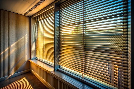 Sonnenlicht dringt durch geschlossene Jalousien in einem Raum und wirft Schatten auf die Wände und das Fensterbrett.