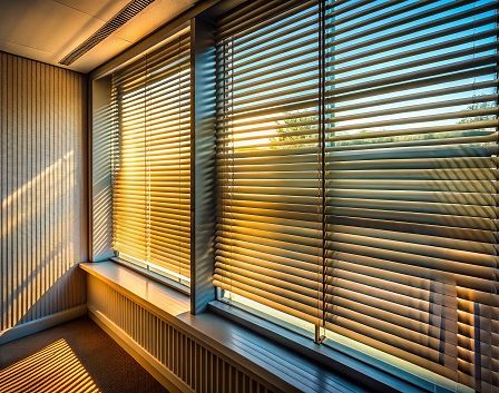 Sonnenlicht dringt durch geschlossene Jalousien in einem Raum und wirft Schatten auf die Wände und das Fensterbrett.