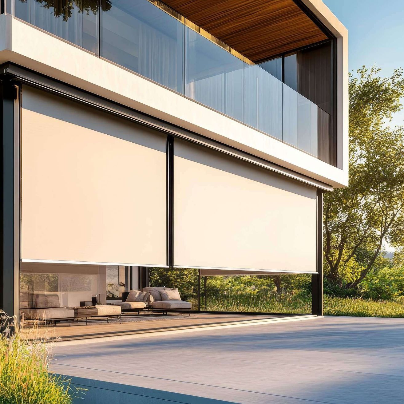 Modernes Haus mit Glaswänden, Balkon und rollbaren Sonnenschutzrollos. Im Inneren Lounge-Sessel und Tische auf einer Terrasse. Bäume und Gras im Hintergrund.