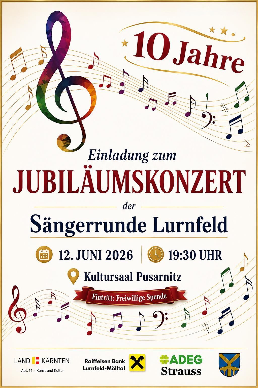 Plakat für das Jubiläumskonzert des Sängerrunde Lurenfeld. Datum: 12. Juni 2026. Zeit: 19:30 Uhr. Ort: Kultursaal Pusaritz. Eintritt: Freiwillige Spende. Hintergrund mit Musiknoten.