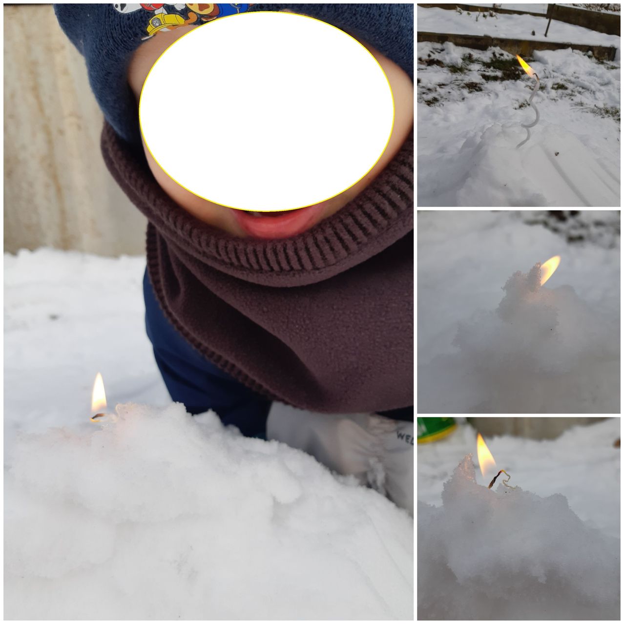 Eine Collage von Fotos zeigt ein Kind in warmen Kleidungsstücken, das Kerzen im Schnee ausbläst. Das Kind wirkt neugierig und fasziniert.