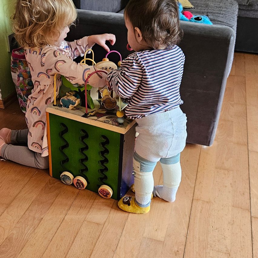 Two children are playing on the wooden floor. The older child is kneeling and the younger one is standing. They are playing with a toy. The older child is wearing a pink outfit.