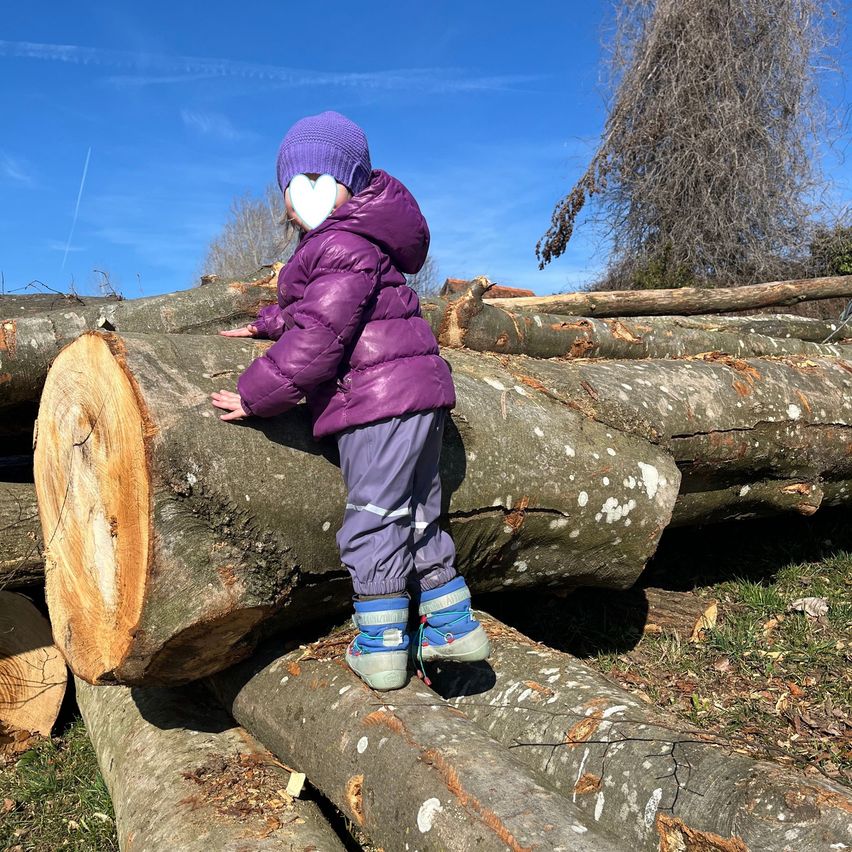 Ein Kind in einem lila Mantel und Stiefeln steht auf einem Haufen Baumstämme im Freien. Die Baumstämme sind auf einem Grasbereich gestapelt, und der Himmel ist blau mit einigen Wolken.