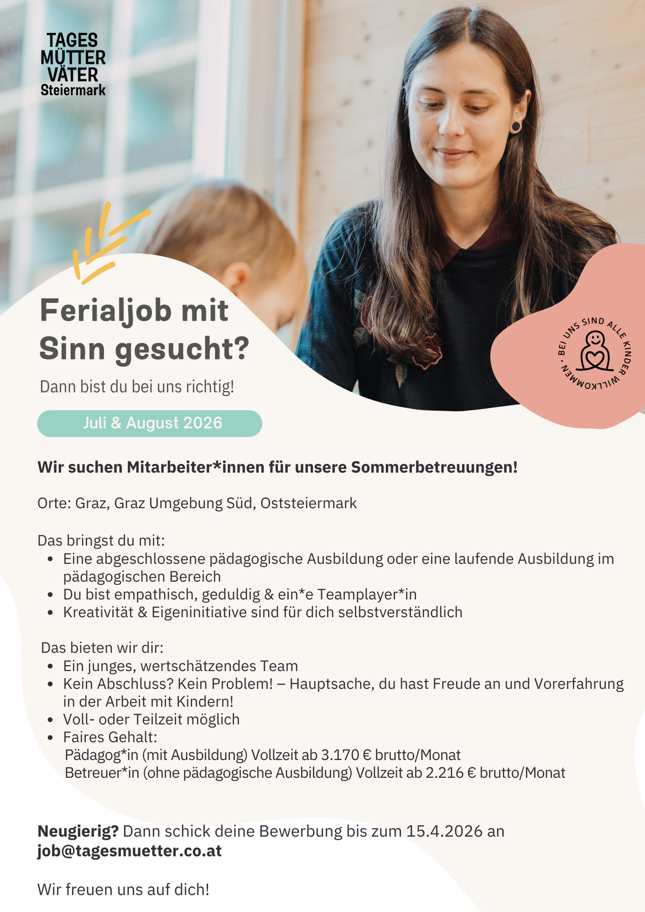 An advertisement for a summer job in a childcare setting. The job offers empathetic and team-oriented work, creativity, and self-initiative. It includes a young, appreciative team, no closing issues, and flexible part-time or full-time options. The salary is 3,170 Euros gross/month for those with training and 2,216 Euros gross/month for those without.