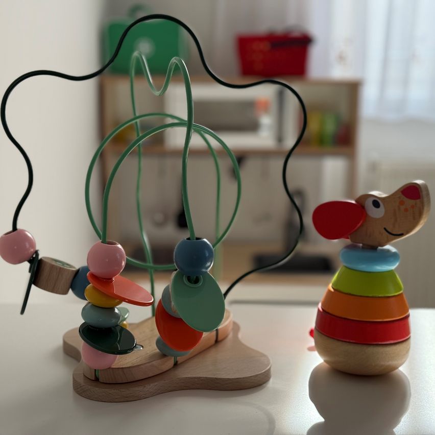 A colorful wooden toy with a spiral design and a separate wooden toy in the shape of a mouse. The background shows a room with a wooden shelf.