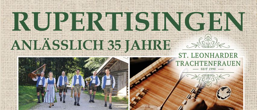Ein Plakat für die Rupertisingen-Feier, die 35 Jahre markiert. Es zeigt verschiedene Bilder von Künstlern, einschließlich Musikern, und einer Gruppe von Frauen. Die Veranstaltung ist für den 20. September 2025 um 19:00 Uhr geplant. Details zu Ticketpreisen und Verkauf werden bereitgestellt.