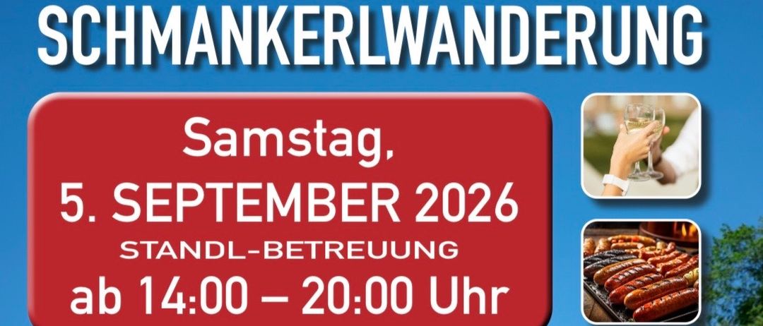 Plakat für eine familienfreundliche Wanderveranstaltung am 5. September 2026 mit einer malerischen Route und Verpflegungsstationen.