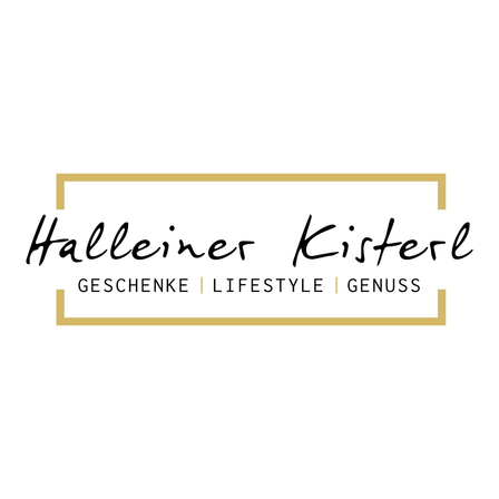 Das Logo für Halleiner Kisterl mit goldenem Rand und Kategorien wie Geschenke, Lifestyle und Genuss.