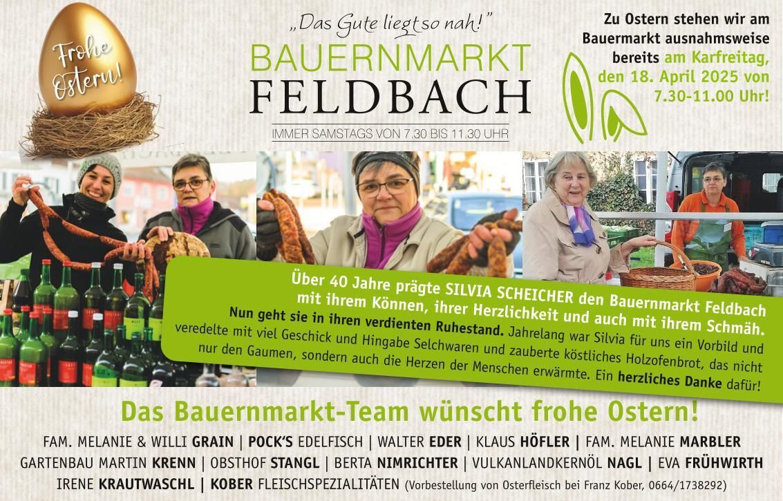 Plakat für den Feldbacher Bauernmarkt mit Bildern von Personen, die Würste halten, Text über das Angebot des Marktes und die herzliche Gastfreundschaft der Verkäufer.