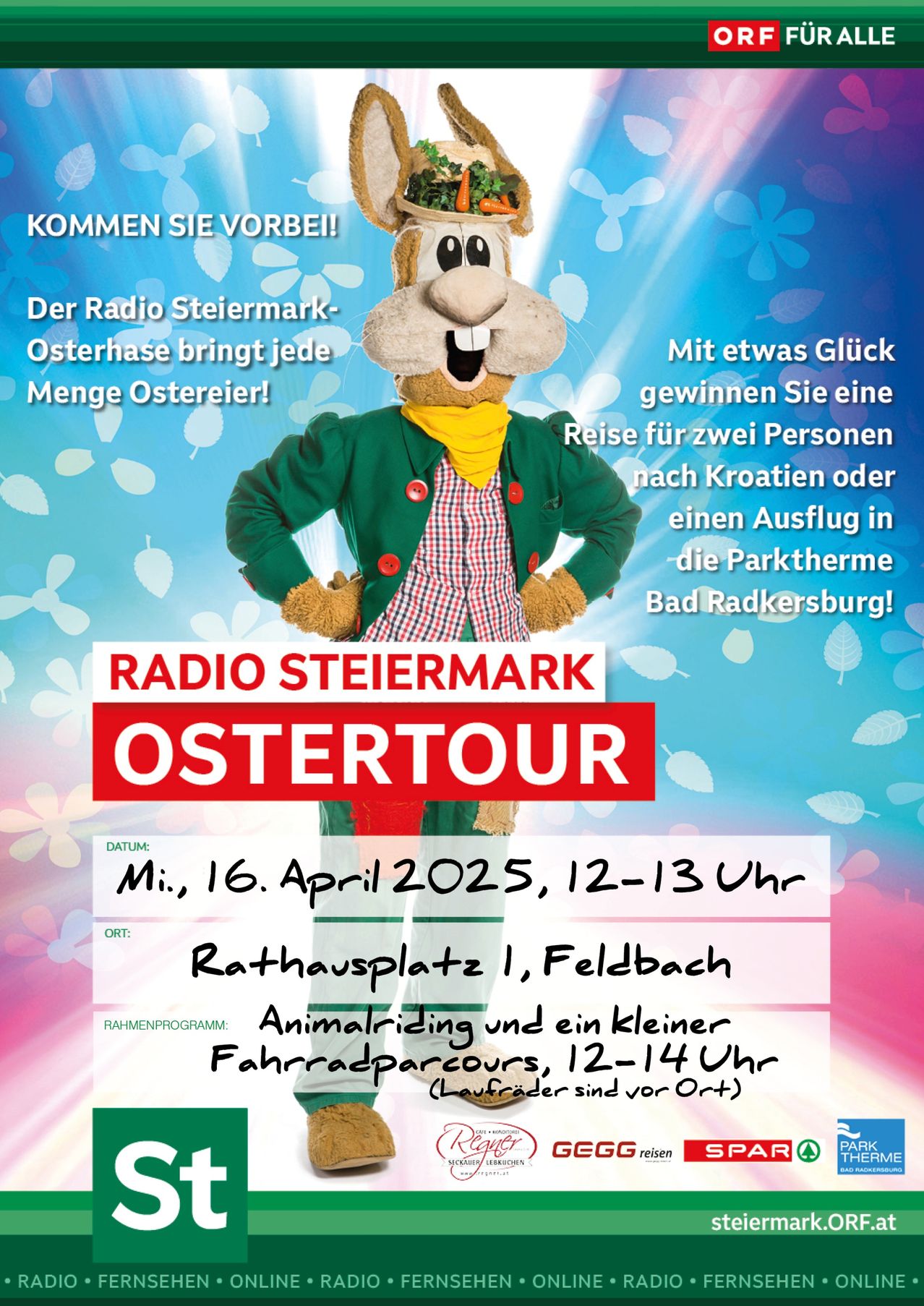 Radio Steiermark Ostertour mit einem Maskottchen in einem grünen Jackett und gelbem Schal, das Preise wie eine Reise für zwei nach Kroatien oder einen Tag im Spa in Bad Radkersburg anbietet.
