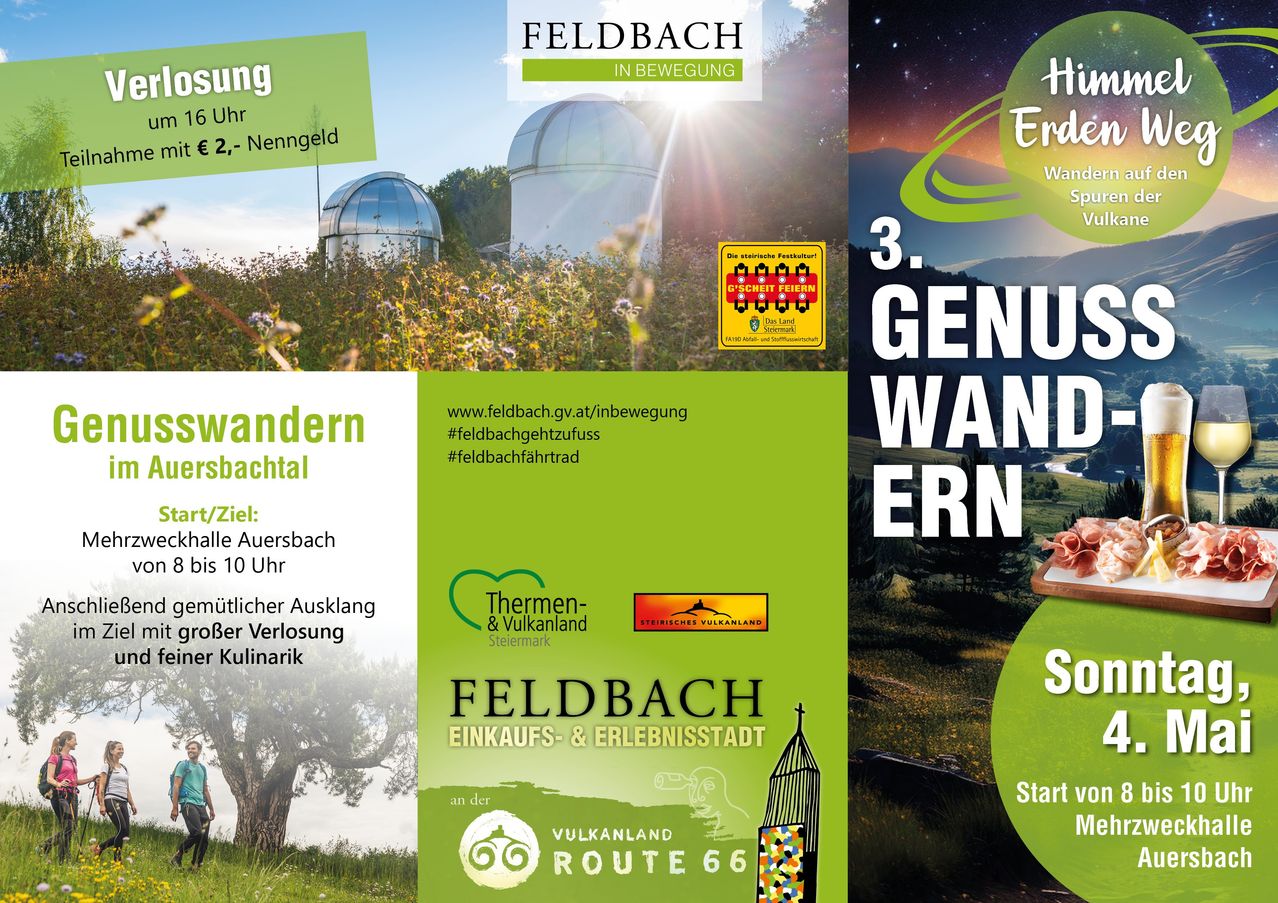 Werbeplakat für die Veranstaltung 'Feldbach in Bewegung'. Es zeigt ein Teleskop, eine Bergkette und eine Person, die unter einem Baum geht. Der Plakat ist in zwei Bereiche unterteilt, wobei die linke Seite ein Blumenfeld und die rechte Seite eine malerische Landschaft zeigt.