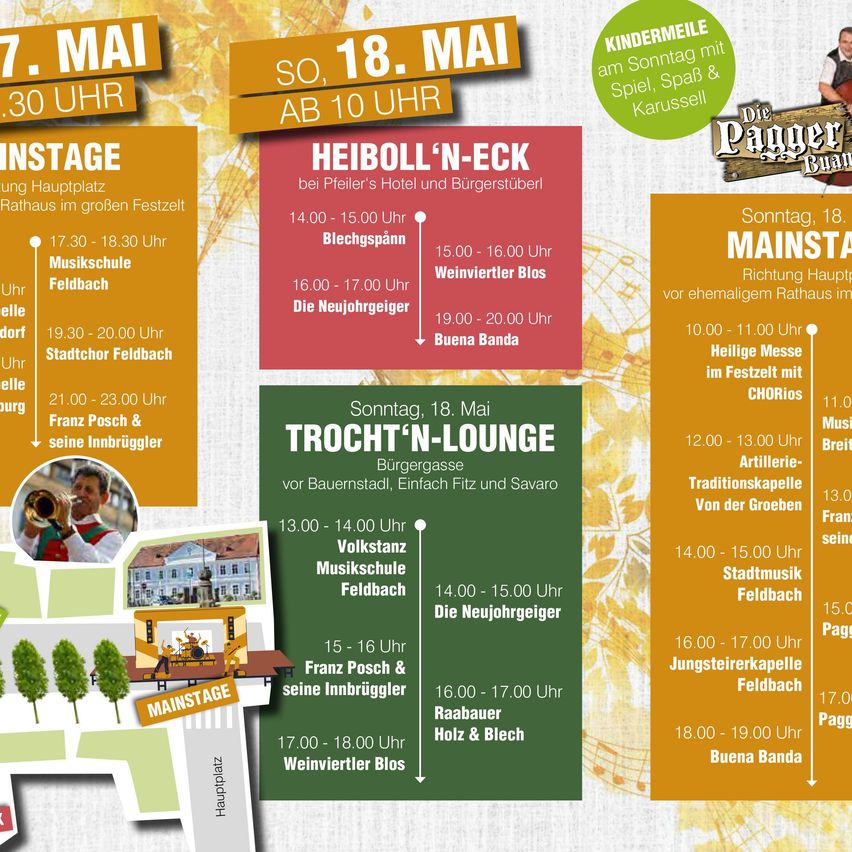 Veranstaltungsplan für den 7. und 18. Mai mit Zeiten für Aufführungen, Kinderaktivitäten und weitere Events. Höhepunkte sind Musikschulaufführungen, Volkstänze und traditionelle Musik.