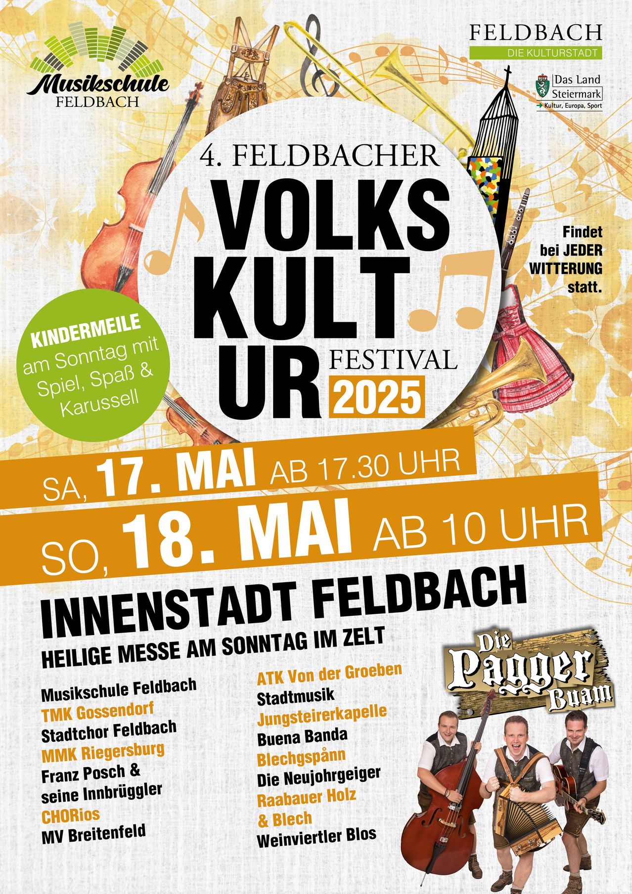 Das 4. Volks Kult Festival in Feldbach im Jahr 2025. Termine: 17. Mai um 17:30 Uhr und 18. Mai um 10 Uhr. Aktivitäten umfassen Spiele, Spaß und Musik.