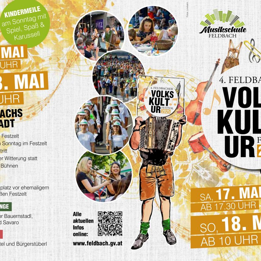 Plakat für das Feldbach Volkskultur Festival 2025 mit musikalischen Instrumenten, Menschen und einer Auswahl an Veranstaltungen. Höhepunkte sind Kinderaktivitäten, musikalische Darbietungen und eine Website für weitere Informationen.