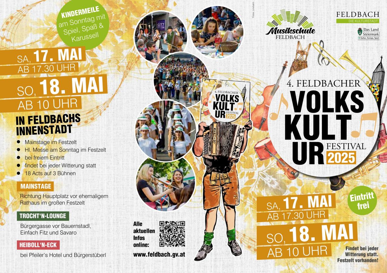 Plakat für das Volkskult-Festival in Feldbach. Zeigt einen Akkordeonspieler, Musikinstrumente, Menschen in traditionellen Kostümen und den Zeitplan des Festivals. Die Veranstaltung findet am 17. und 18. Mai statt, mit Aktivitäten für Kinder am 17. Mai.