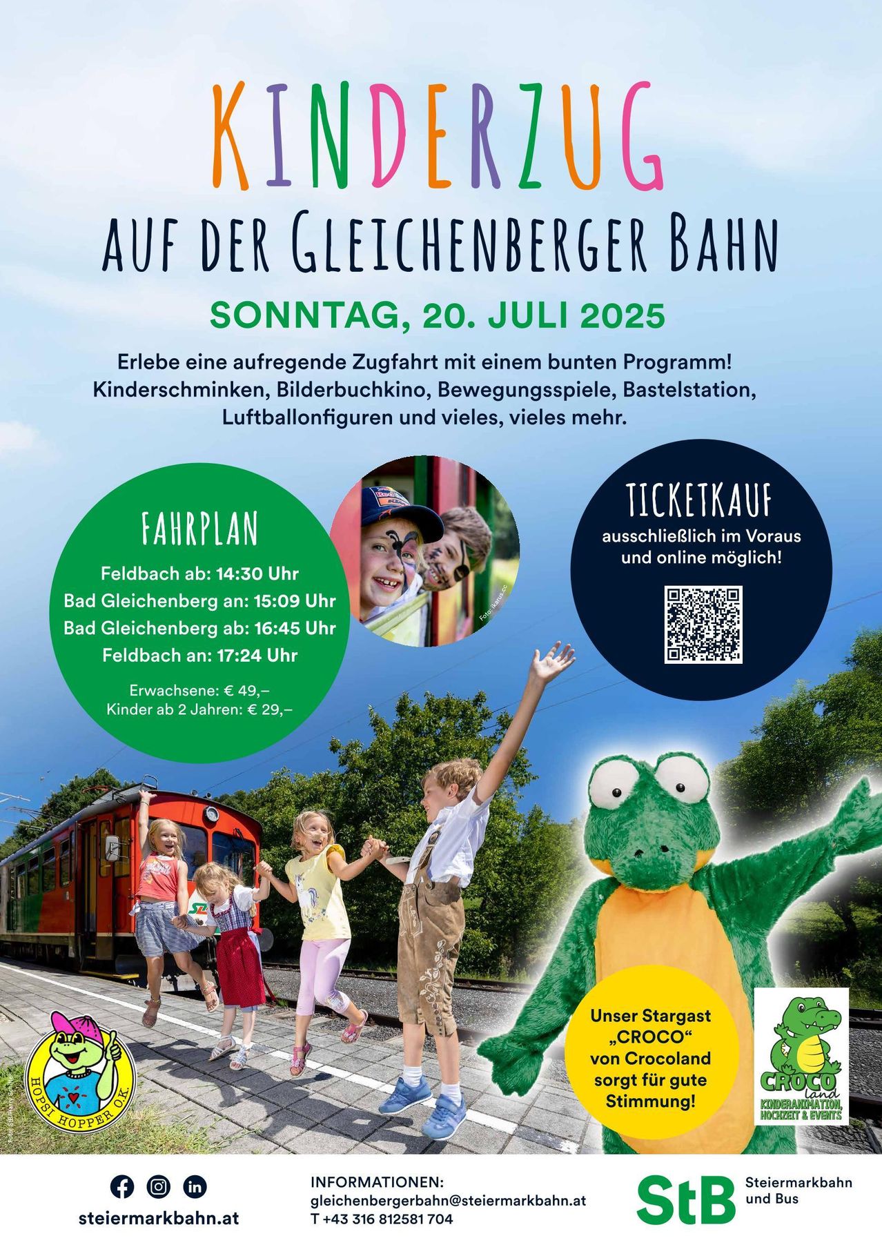 Erleben Sie eine aufregende Zugfahrt mit einem bunten Programm! Kinderworkshops, Fotokabinen, Bewegungsspiele, Bastelstationen, Luftballonfiguren und vieles mehr. Tickets im Voraus oder online vorab kaufen.