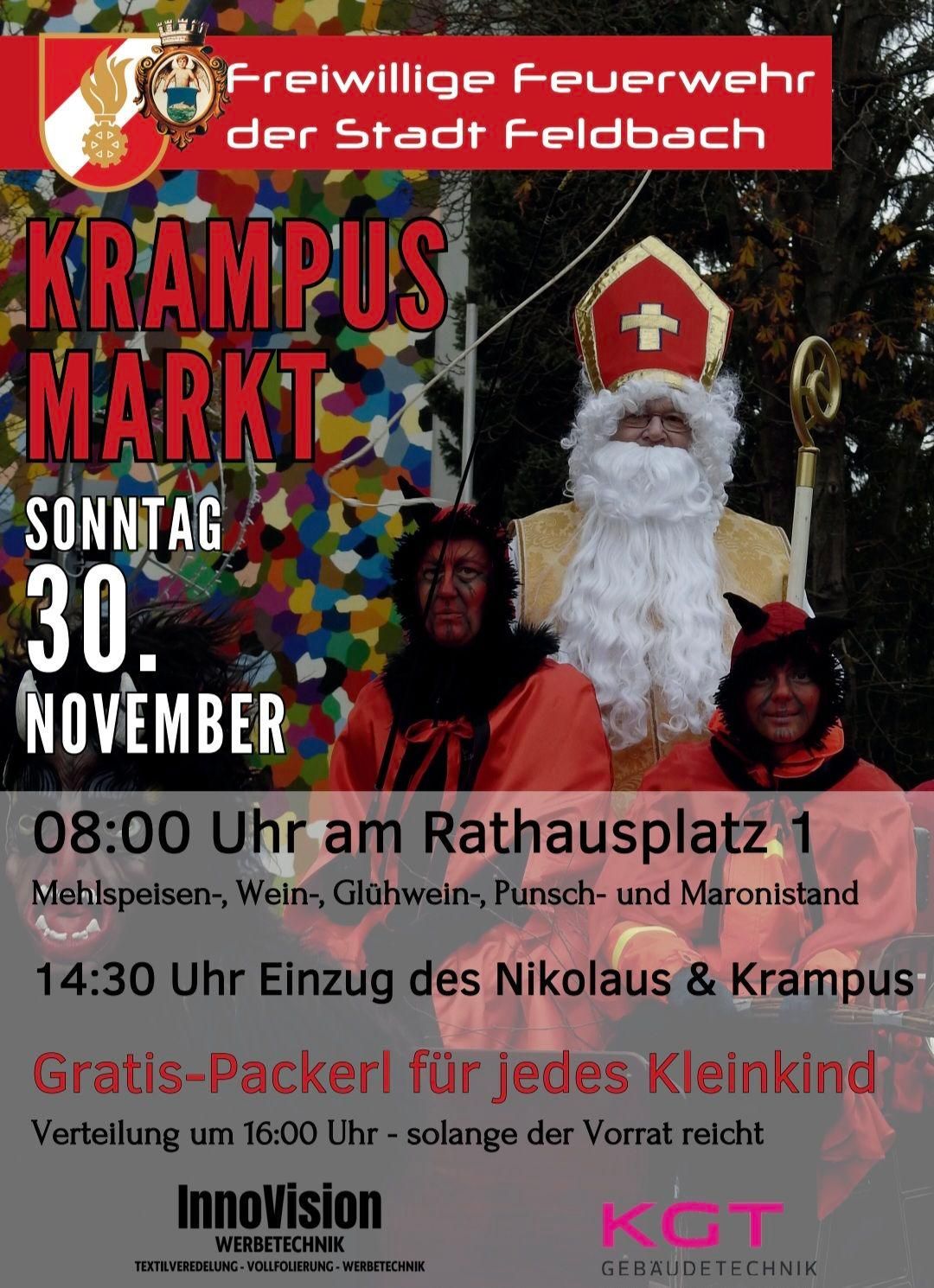Plakat für den Krampusmarkt am Sonntag, 30. November. Es zeigt einen farbenfrohen Hintergrund, Krampus-Figuren und St. Nikolaus. Veranstaltungen umfassen Glühwein-, Punsch- und Maronistand. Nikolaus- und Krampus-Prozession um 14:30. Gratis-Packerl für jedes Kind.