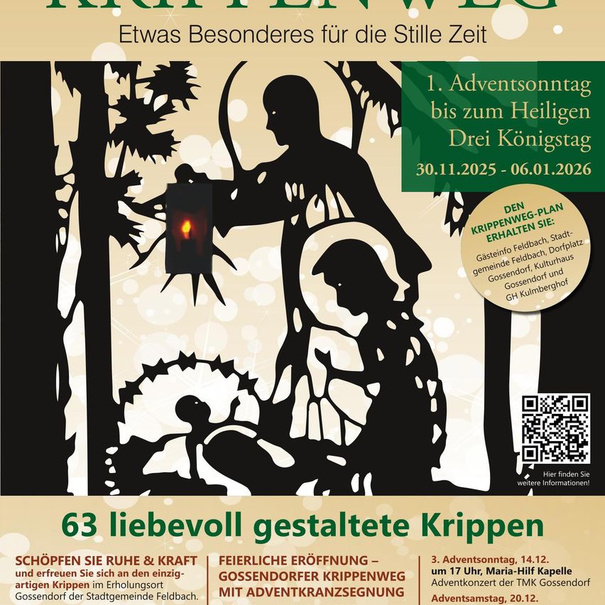 Plakat für Krippenweg, ein Weihnachtsereignis in Gossdorf, Deutschland. Es zeigt eine Silhouette einer Person mit Laterne und Hirte, mit Text auf Deutsch. Das Event läuft vom 30. November 2025 bis 6. Januar 2026.