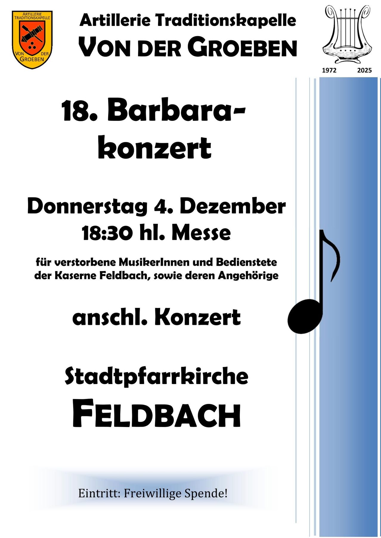 Ein Plakat für das 18. Barbara-Konzert in Feldbach. Die Veranstaltung ist für Donnerstag, den 4. Dezember um 18:30 Uhr geplant. Das Plakat enthält einen Musiknotenschlüssel und den Namen der Stadt Feldbach. Der Text ist in deutscher Sprache.