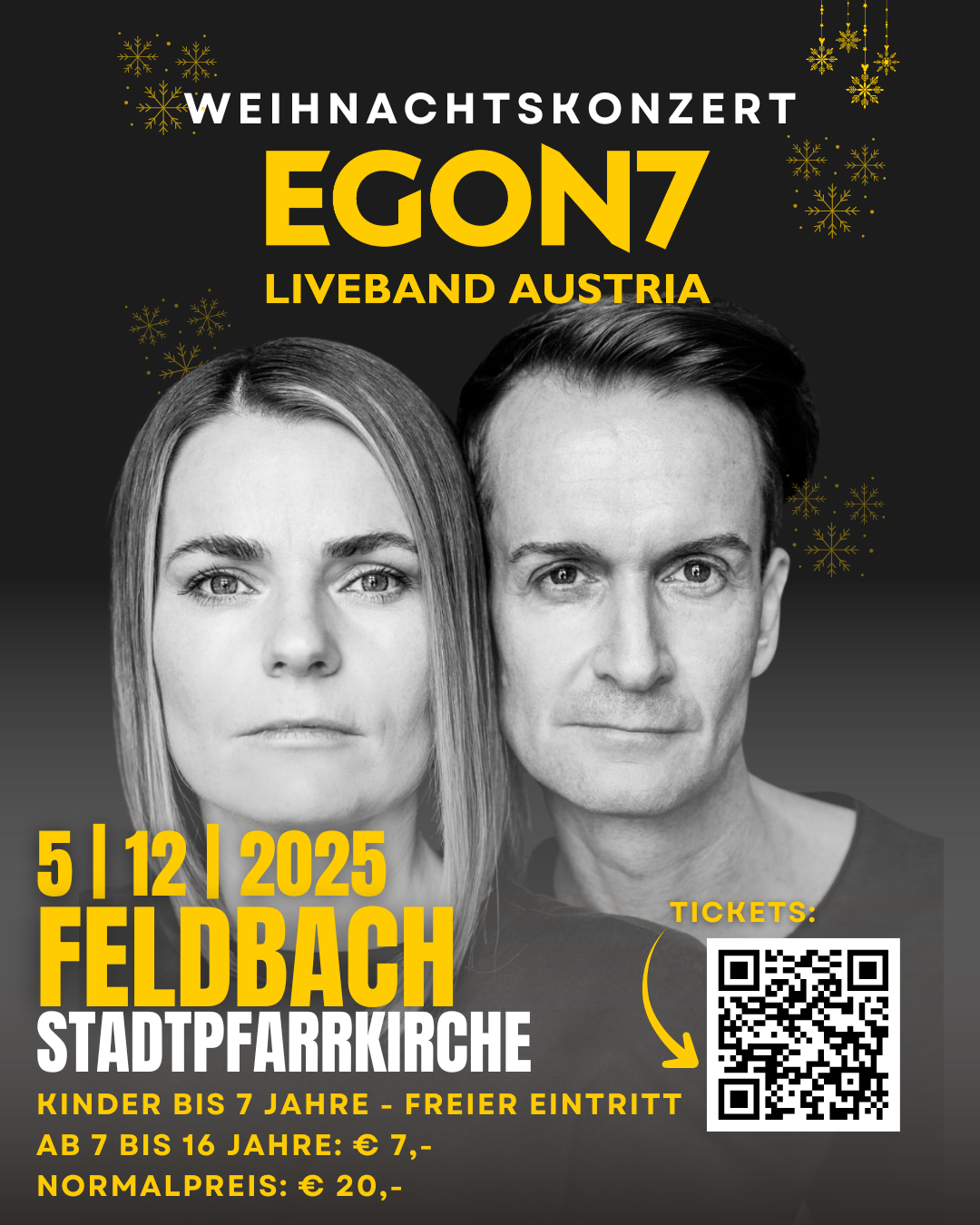 Plakat für Egon7 Liveband Austria mit einer Frau und einem Mann und dem Datum 5. Dezember 2025. QR-Code für Tickets.