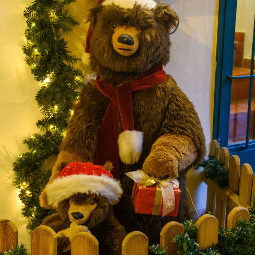 Ein großer pelziger Bär mit Santa-Hut und Schal hält ein Geschenk vor einem mit Lichtern und einem Weihnachtsbaum geschmückten Haus.