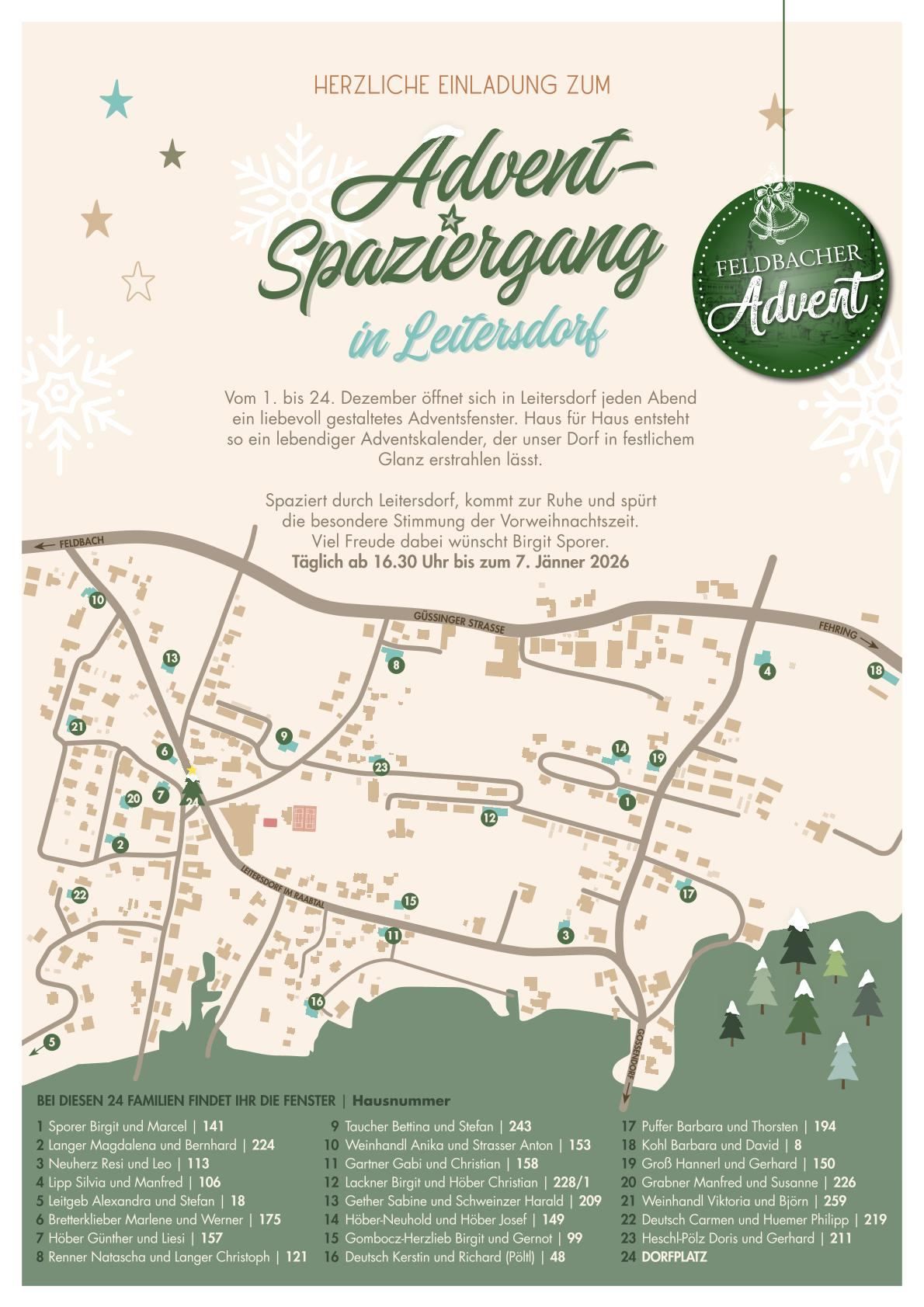 Ein festlicher Spaziergang in Leitersdorf vom 1. bis 24. Dezember. Das Dorf ist wunderschön geschmückt, und jedes Haus nimmt am Adventskalender teil. Die Karte zeigt die Route und die nummerierten Fenster.